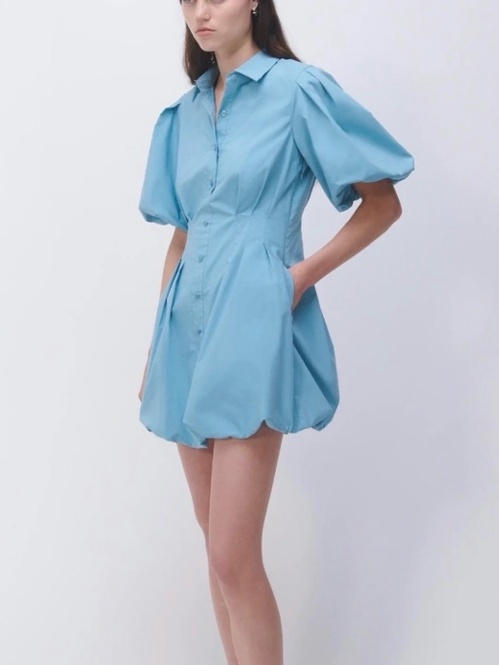 Jonathan Simkhai Sky Blue Puff-Sleeve Mini Shirt Dress